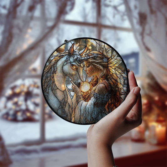 Unicorn and Fairy Stained Glass Style Sun Catcher, Fantasy Window Hanging