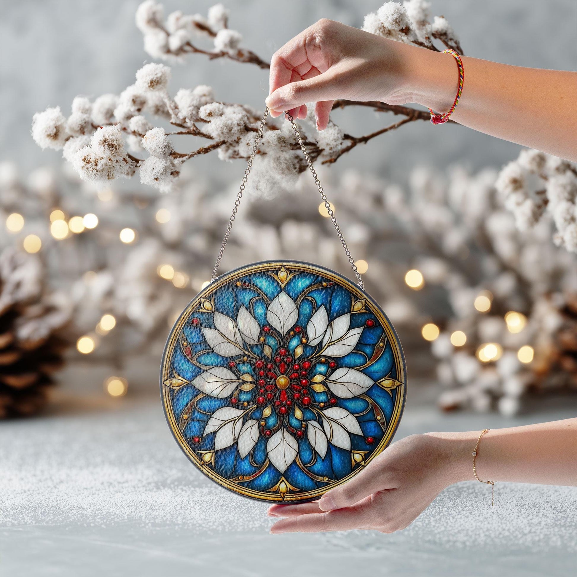 Floral Glass Suncatcher, Blue Mandala Window Hanging