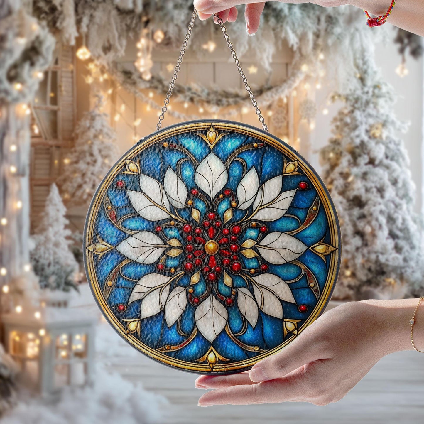 Floral Glass Suncatcher, Blue Mandala Window Hanging