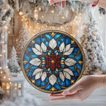 Floral Glass Suncatcher, Blue Mandala Window Hanging