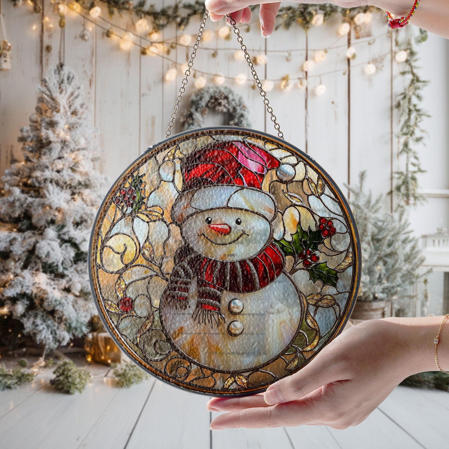 Snowman Stained Glass Suncatcher, Christmas Holiday Decor