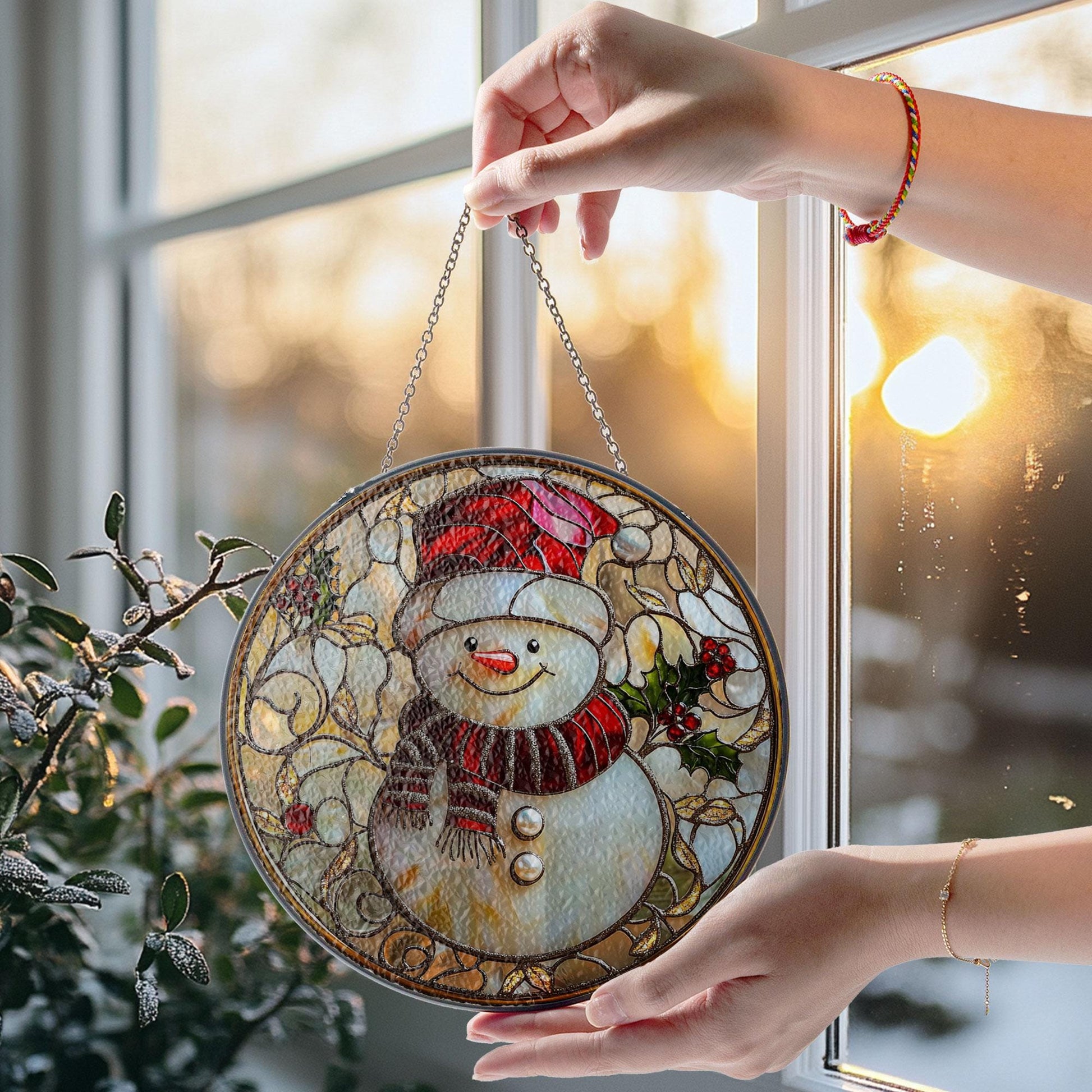 Snowman Stained Glass Suncatcher, Christmas Holiday Decor