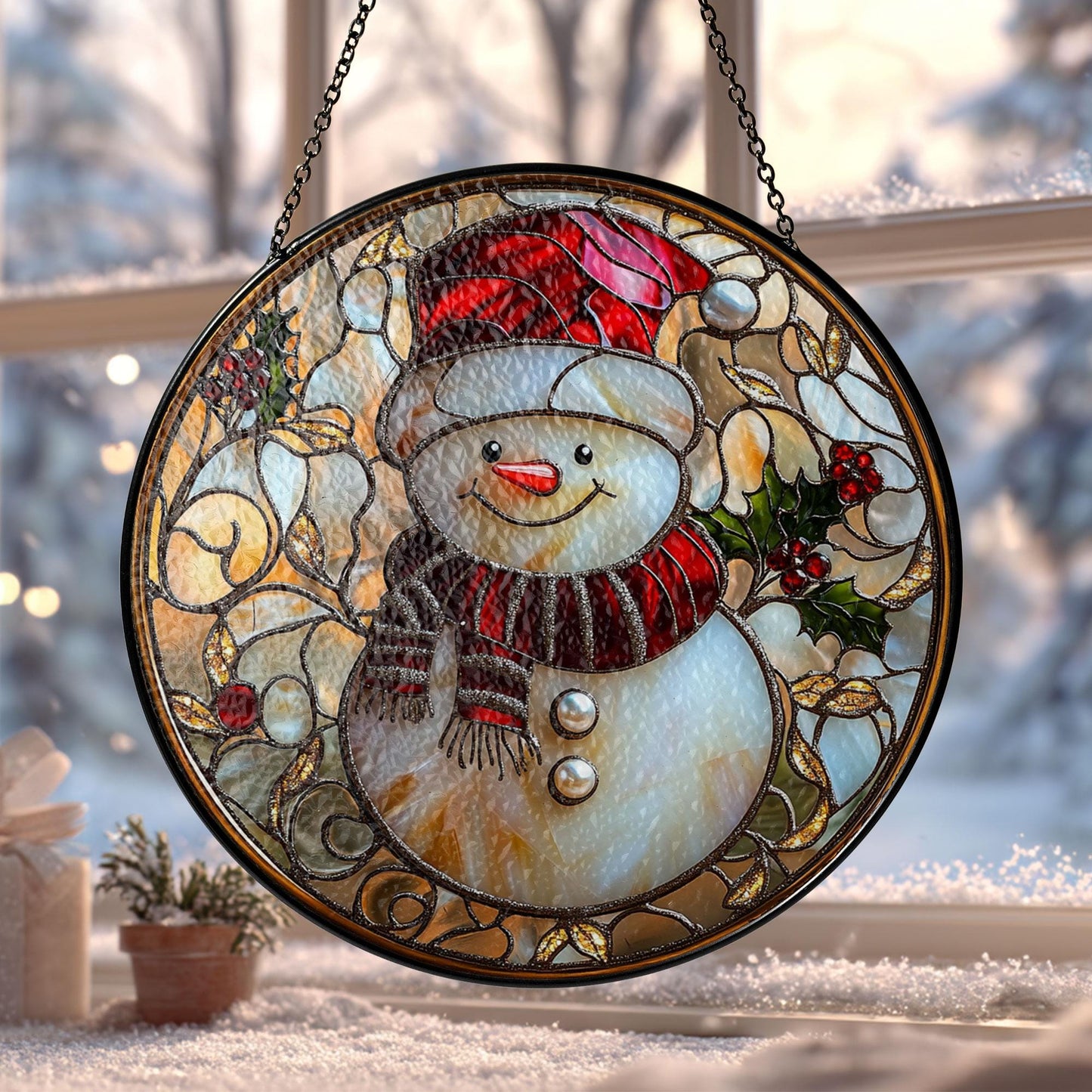 Snowman Stained Glass Suncatcher, Christmas Holiday Decor