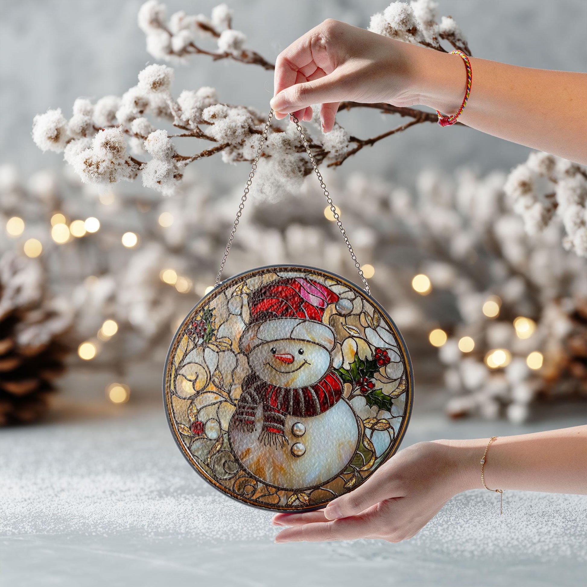 Snowman Stained Glass Suncatcher, Christmas Holiday Decor