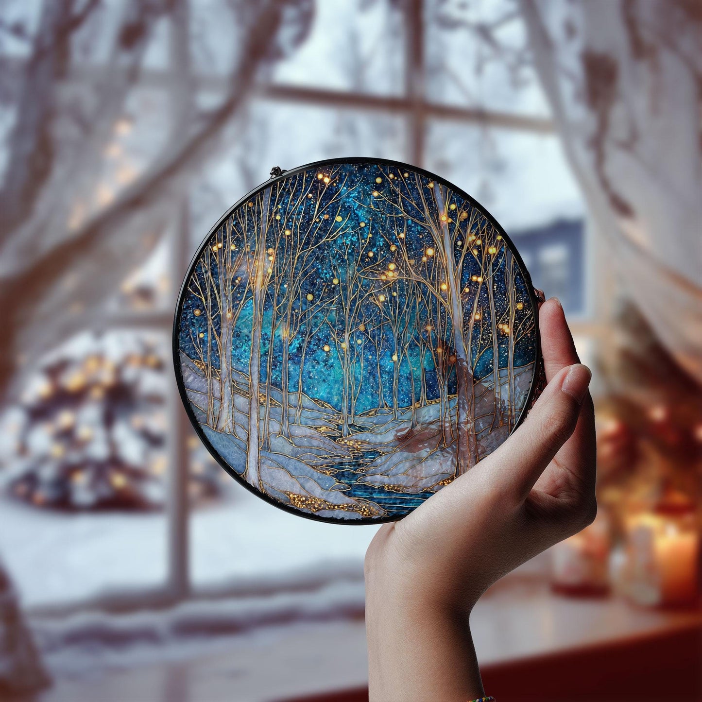 Winter Forest Glass Suncatcher, Starry Night Tree Scene, Holiday Decor