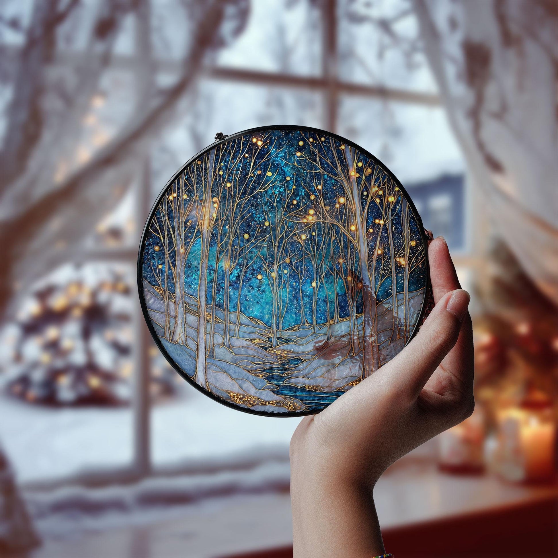 Winter Forest Glass Suncatcher, Starry Night Tree Scene, Holiday Decor