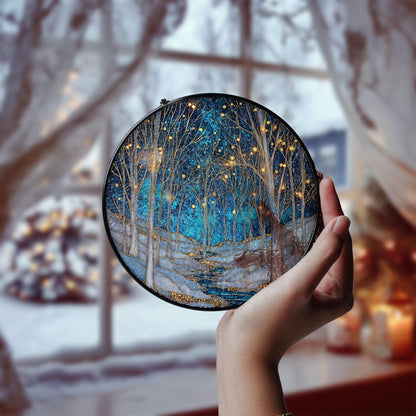 Winter Forest Glass Suncatcher, Starry Night Tree Scene, Holiday Decor