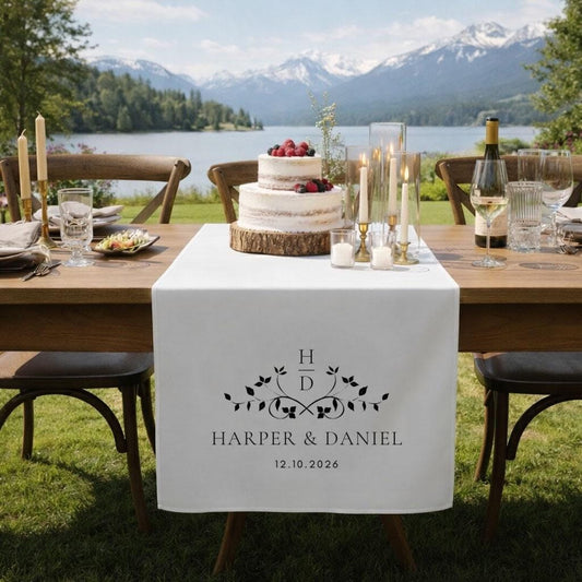 Custom Wedding Table Sign with Names, and Date Reception Decor, Bridal Table Cloth