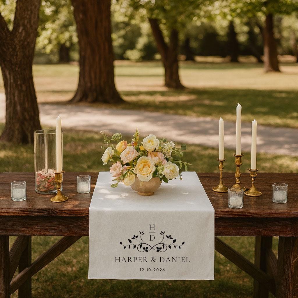 Custom Wedding Table Sign with Names, and Date Reception Decor, Bridal Table Cloth