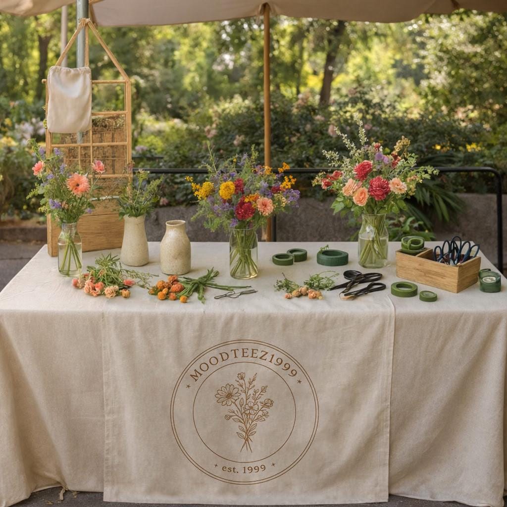 Custom Logo Linen Table Runner, Vendor Display, Business Branding