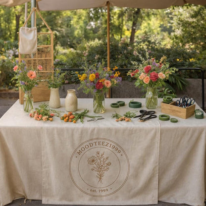 Custom Logo Linen Table Runner, Vendor Display, Business Branding