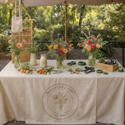 Custom Logo Linen Table Runner, Vendor Display, Business Branding