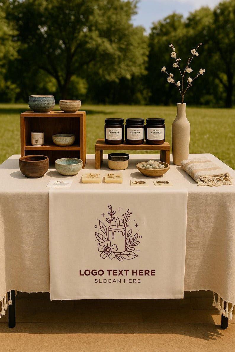 Custom Linen Table Runner with Logo, Personalized Business Branding Cloth, Vendor Market Display Decor, Trade Show Table Cover