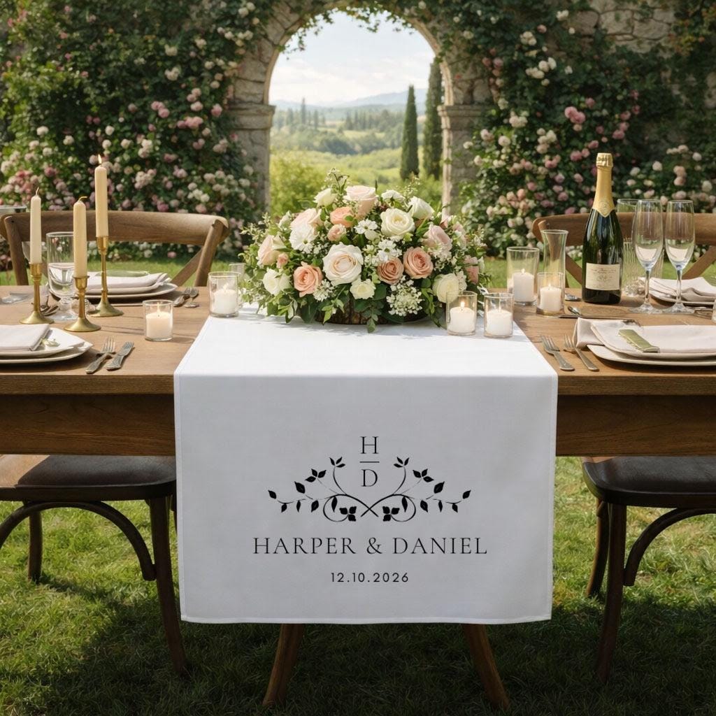 Custom Wedding Table Sign with Names, and Date Reception Decor, Bridal Table Cloth
