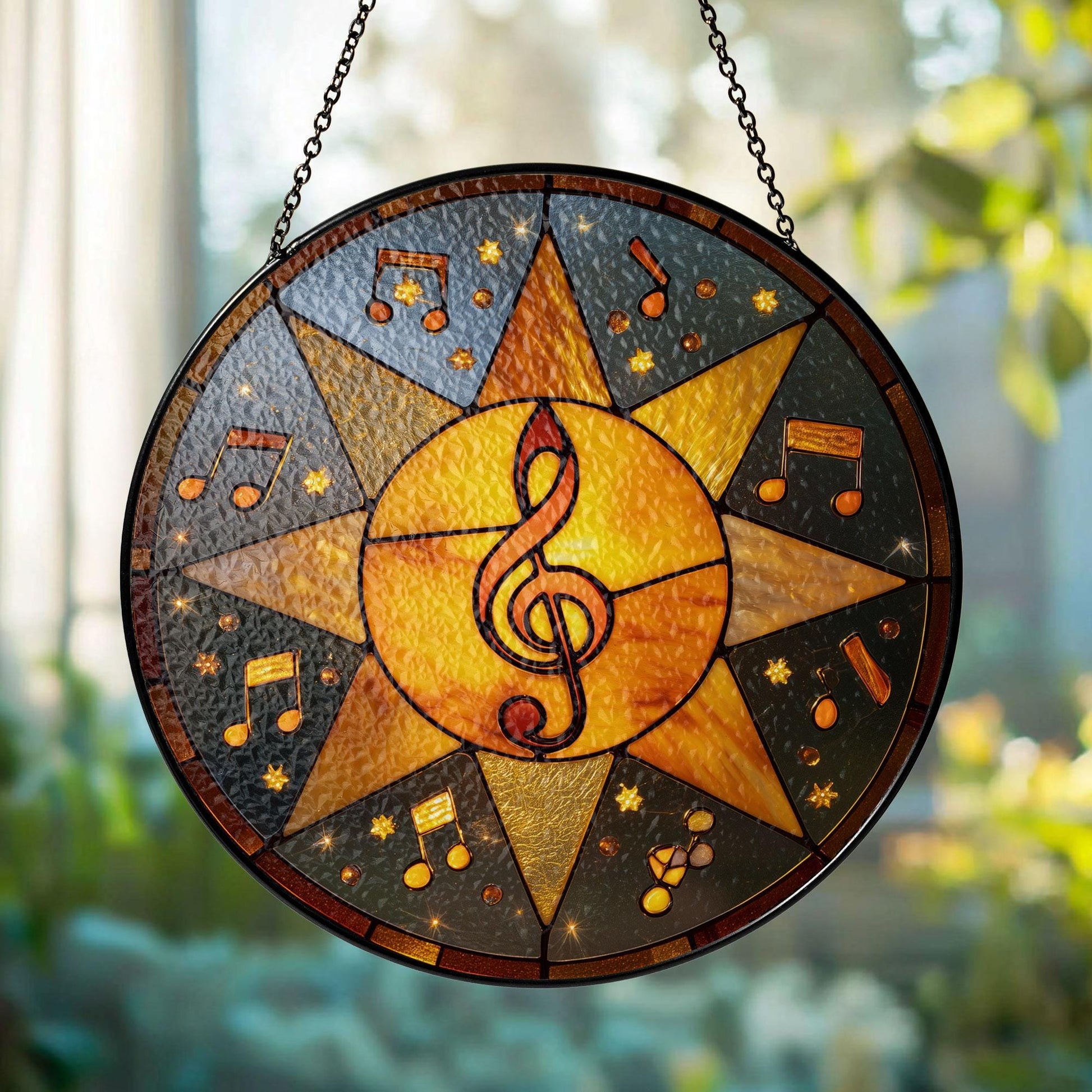 Stained Glass Sun Catcher, Music Notes Treble Clef Window Decor (4-7.8 inches)