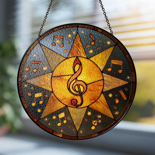 Stained Glass Sun Catcher, Music Notes Treble Clef Window Decor (4-7.8 inches)