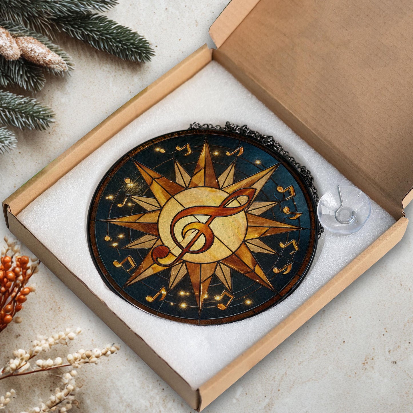 Stained Glass Sun Catcher, Celestial Music Notes Starry Decor, Gift for Music Lovers