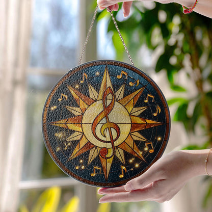 Stained Glass Sun Catcher, Celestial Music Notes Starry Decor, Gift for Music Lovers