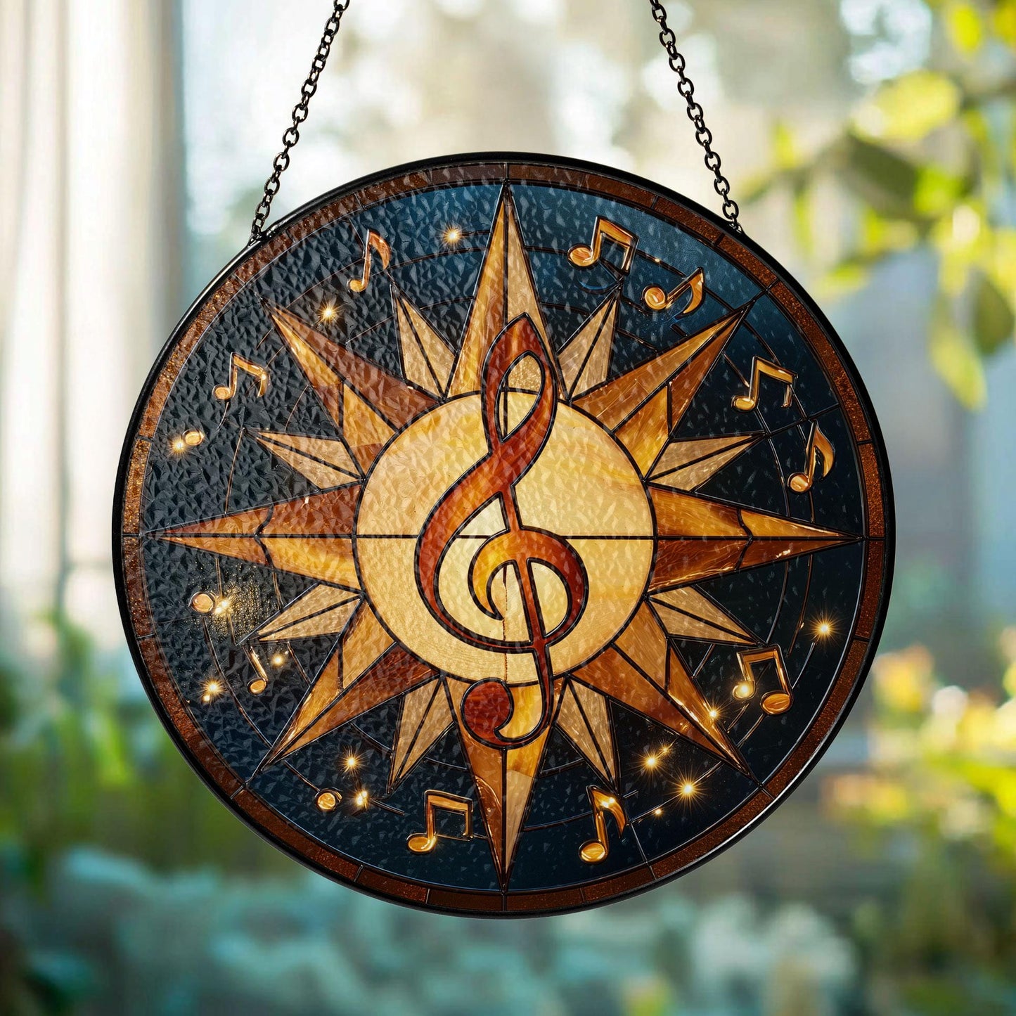 Stained Glass Sun Catcher, Celestial Music Notes Starry Decor, Gift for Music Lovers
