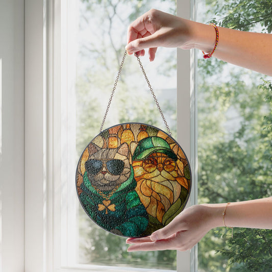 Stained Glass Cat Sun Catcher, Irish Window Decor, St Patrick Day Art, Cat Lover Gift