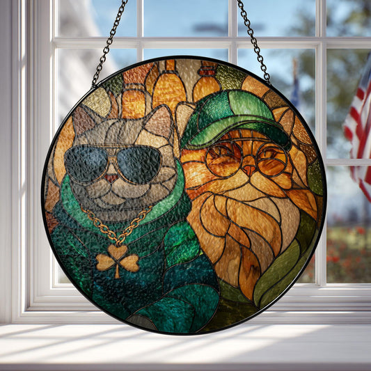 Stained Glass Cat Sun Catcher, Irish Window Decor, St Patrick Day Art, Cat Lover Gift