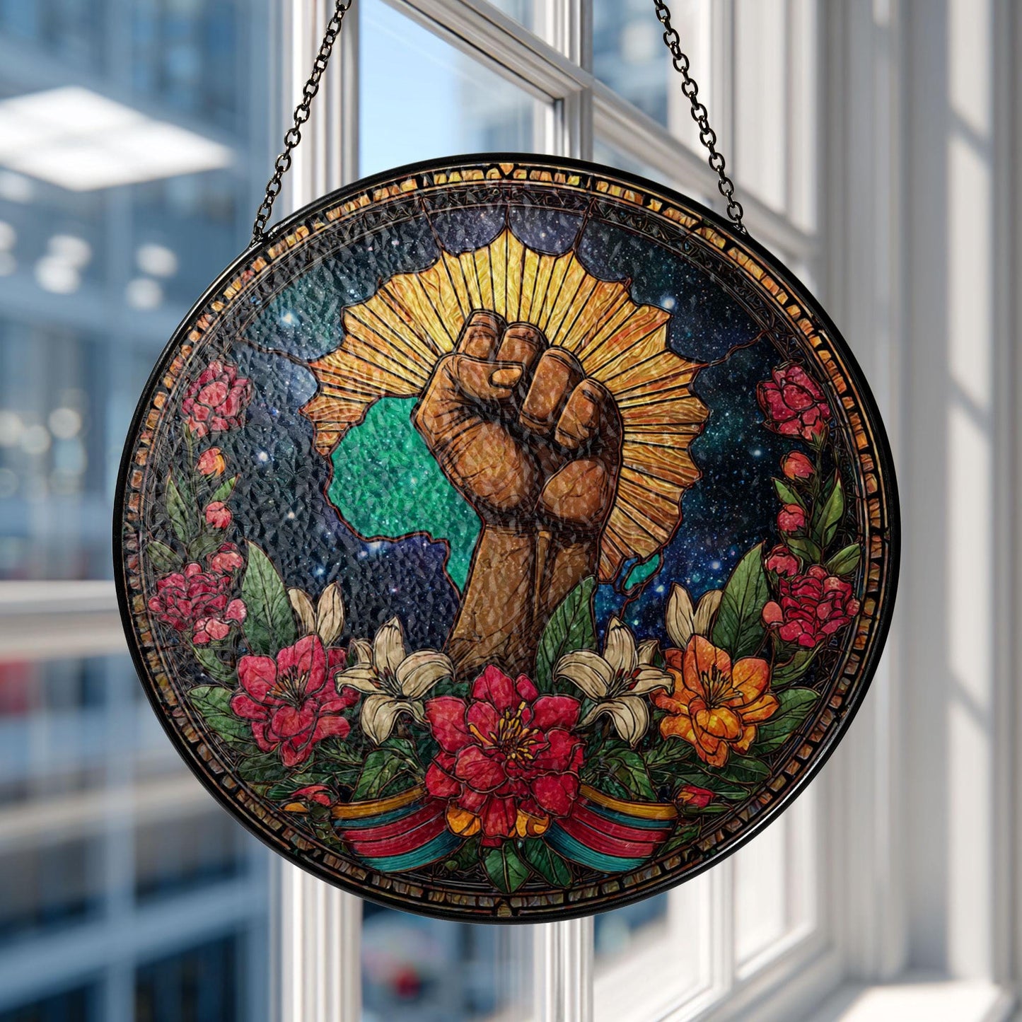 Black History Pride Stained Glass Suncatcher, Raised Fist Africa Art Decor
