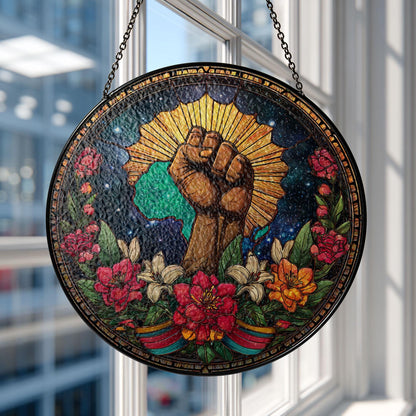 Black History Pride Stained Glass Suncatcher, Raised Fist Africa Art Decor