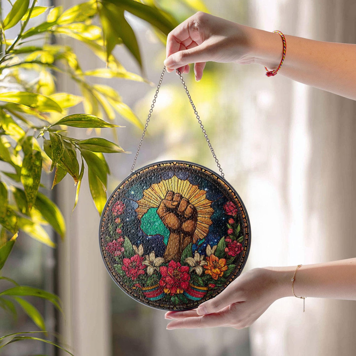 Black History Pride Stained Glass Suncatcher, Raised Fist Africa Art Decor