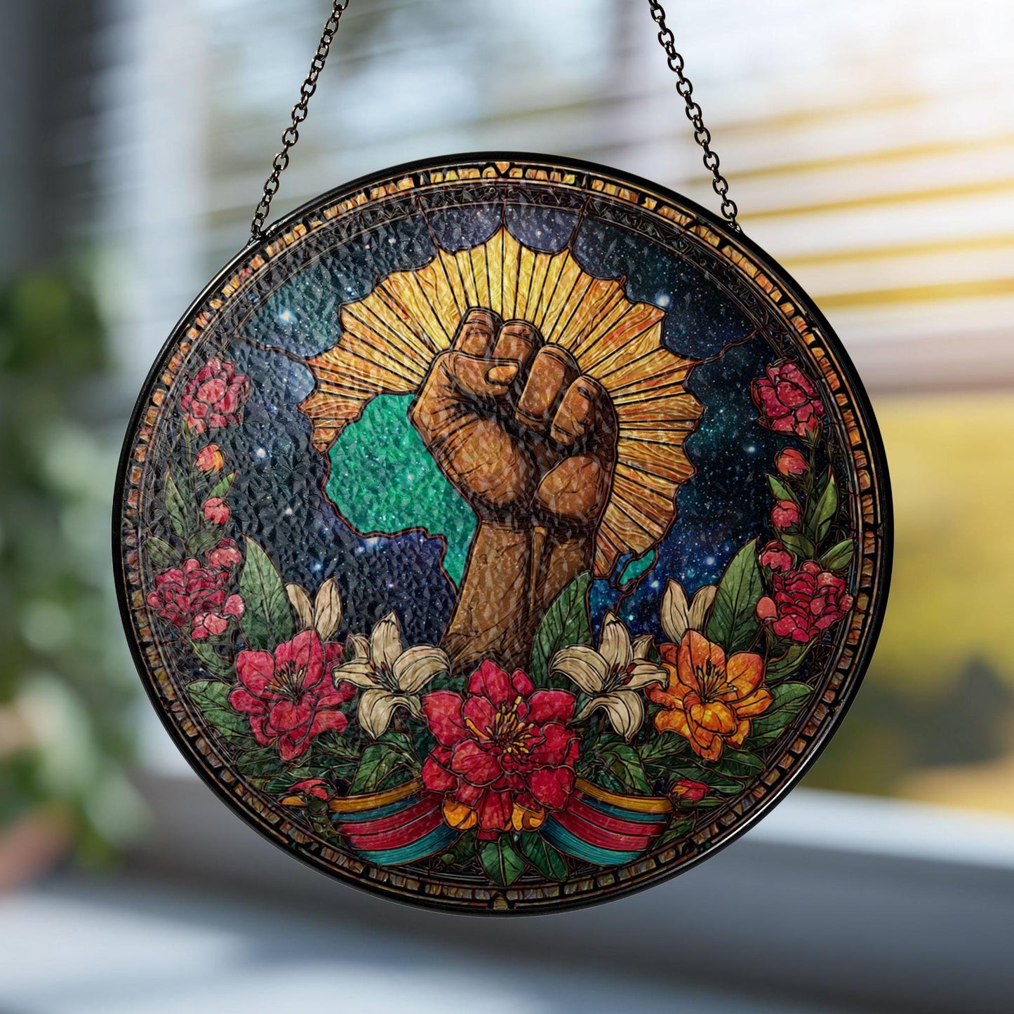 Black History Pride Stained Glass Suncatcher, Raised Fist Africa Art Decor