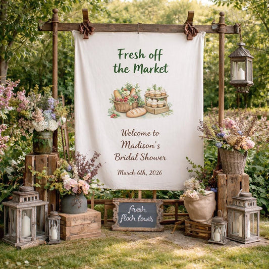 Personalized Bridal Shower Banner, Personalized Welcome Linen Decor, Fresh Off The Market Theme Sign