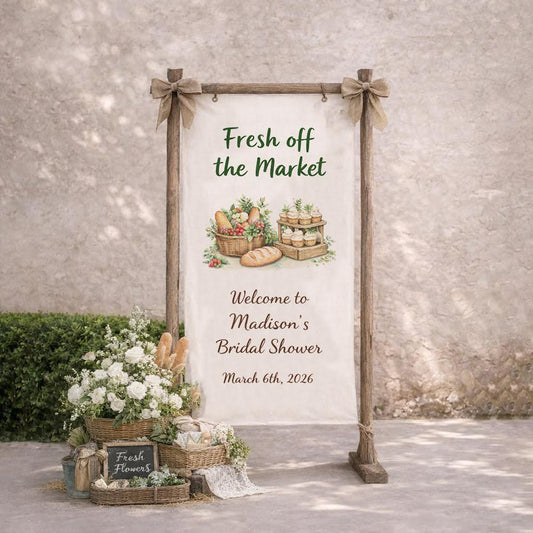 Personalized Bridal Shower Banner, Personalized Welcome Linen Decor, Fresh Off The Market Theme Sign