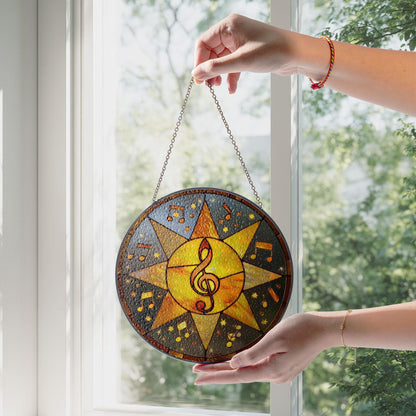 Stained Glass Sun Catcher, Music Notes Treble Clef Window Decor (4-7.8 inches)