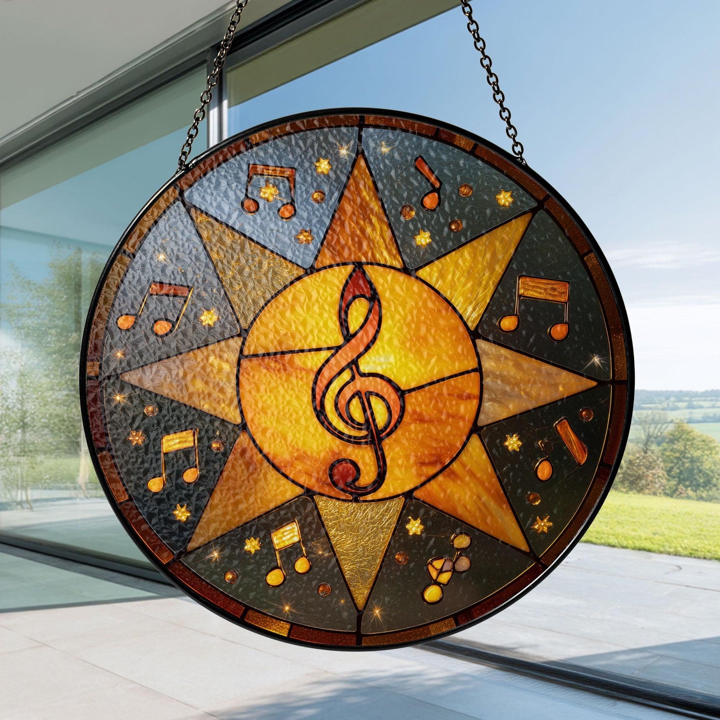 Stained Glass Sun Catcher, Music Notes Treble Clef Window Decor (4-7.8 inches)