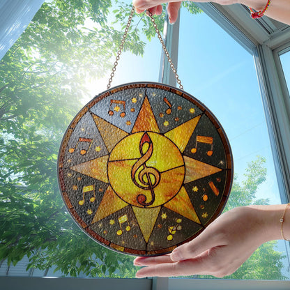 Stained Glass Sun Catcher, Music Notes Treble Clef Window Decor (4-7.8 inches)
