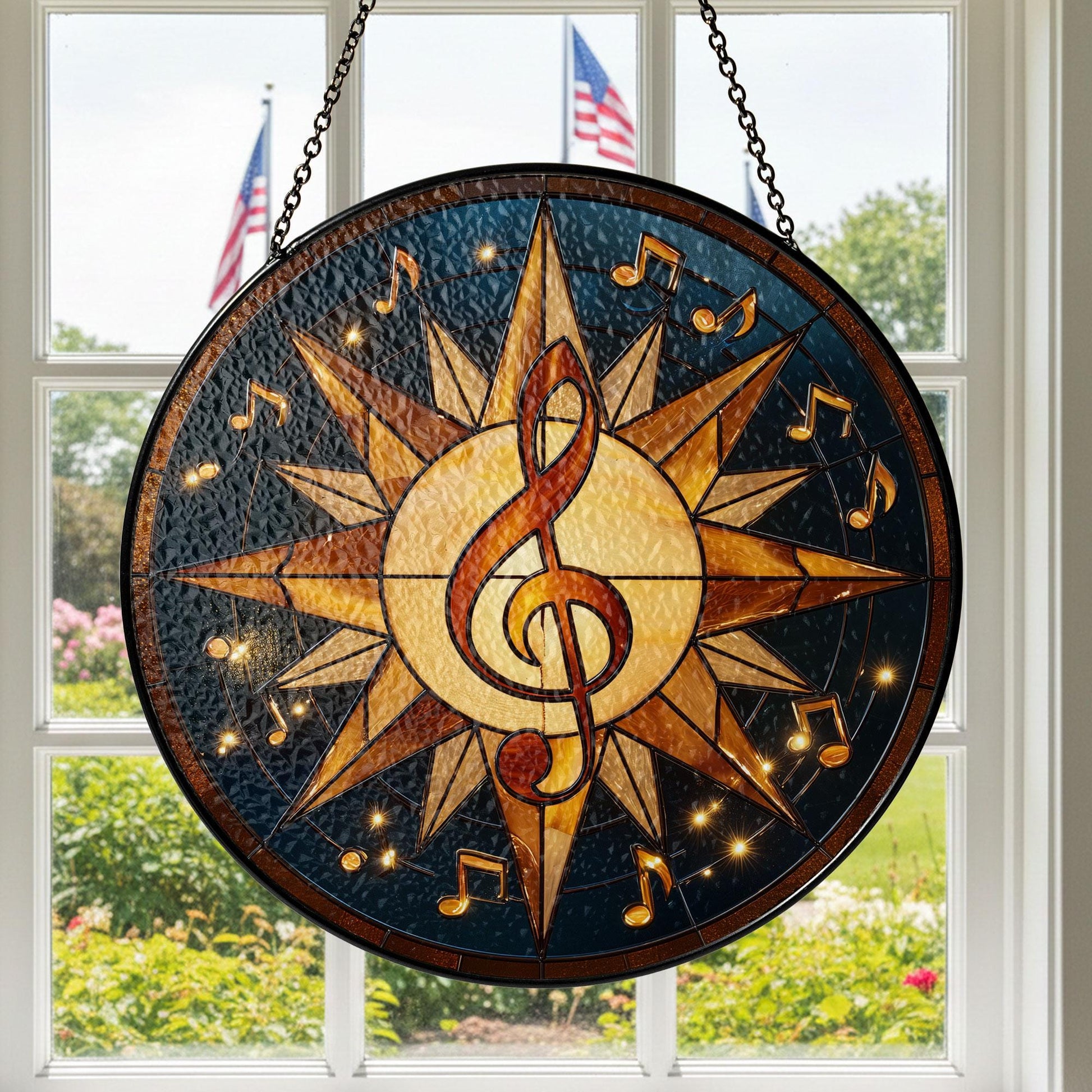 Stained Glass Sun Catcher, Celestial Music Notes Starry Decor, Gift for Music Lovers