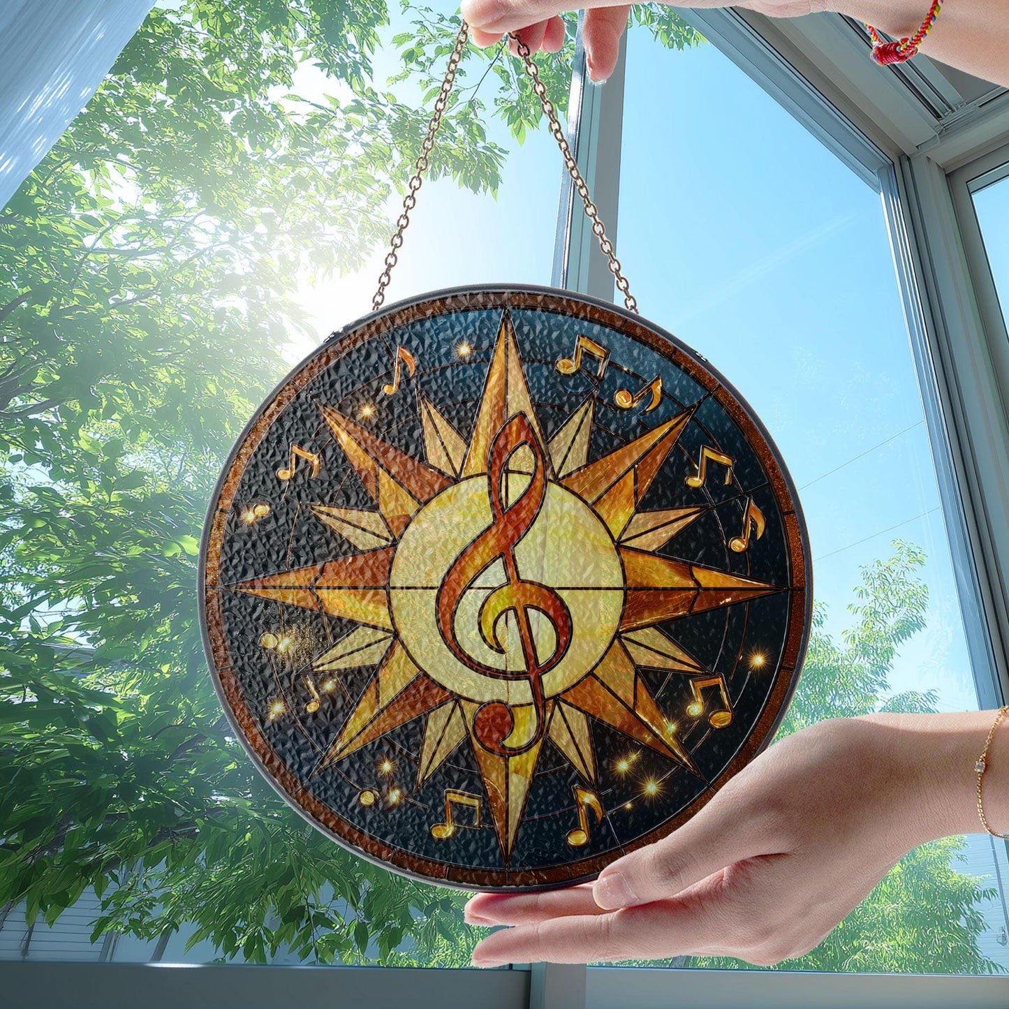 Stained Glass Sun Catcher, Celestial Music Notes Starry Decor, Gift for Music Lovers