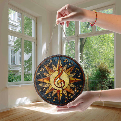 Stained Glass Sun Catcher, Celestial Music Notes Starry Decor, Gift for Music Lovers