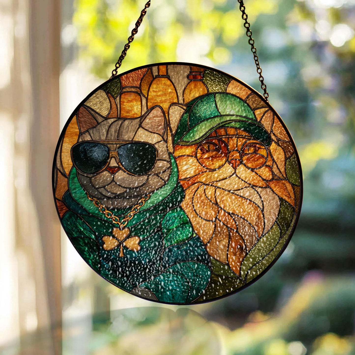 Stained Glass Cat Sun Catcher, Irish Window Decor, St Patrick Day Art, Cat Lover Gift