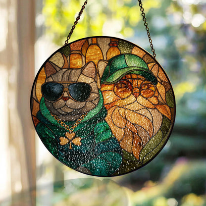 Stained Glass Cat Sun Catcher, Irish Window Decor, St Patrick Day Art, Cat Lover Gift