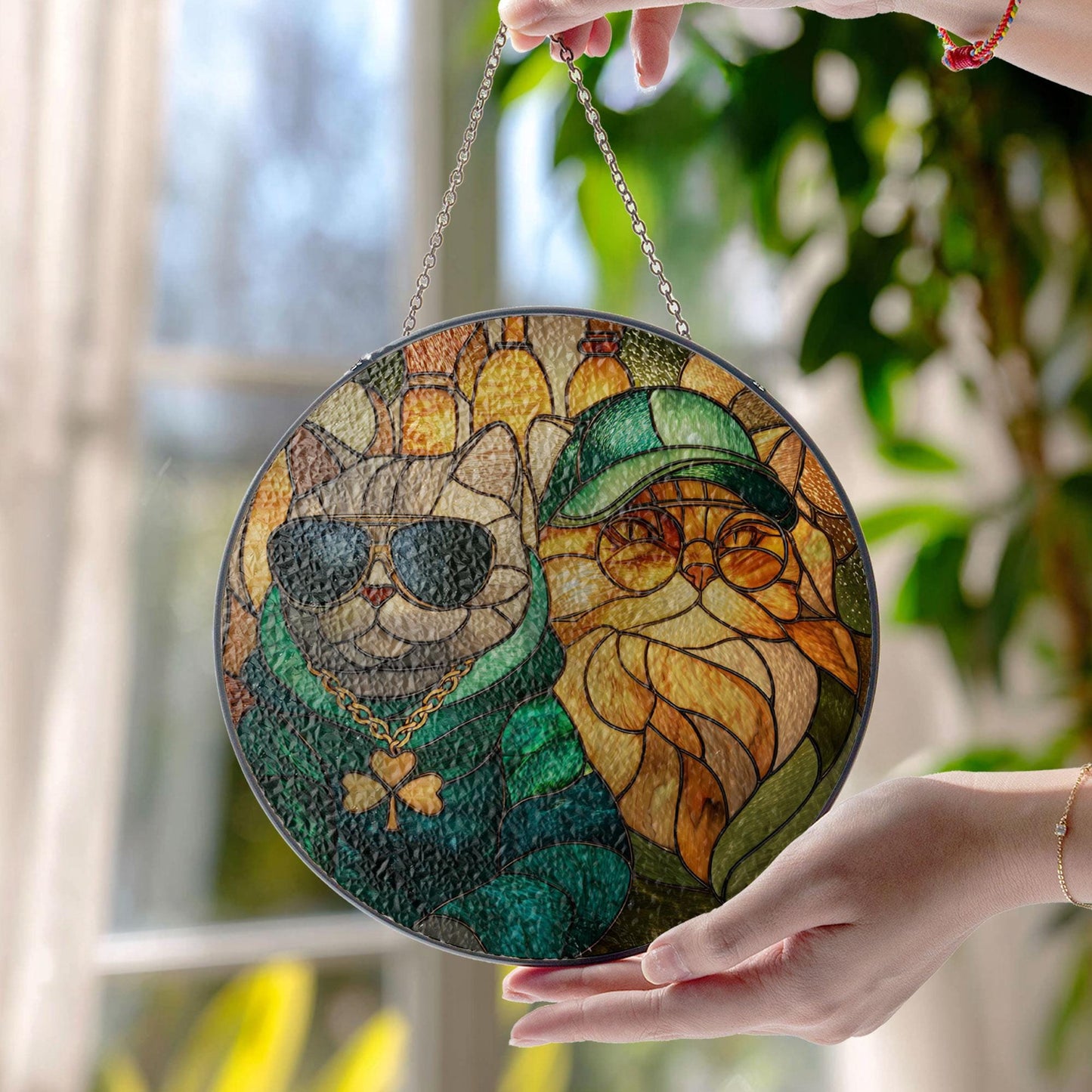 Stained Glass Cat Sun Catcher, Irish Window Decor, St Patrick Day Art, Cat Lover Gift