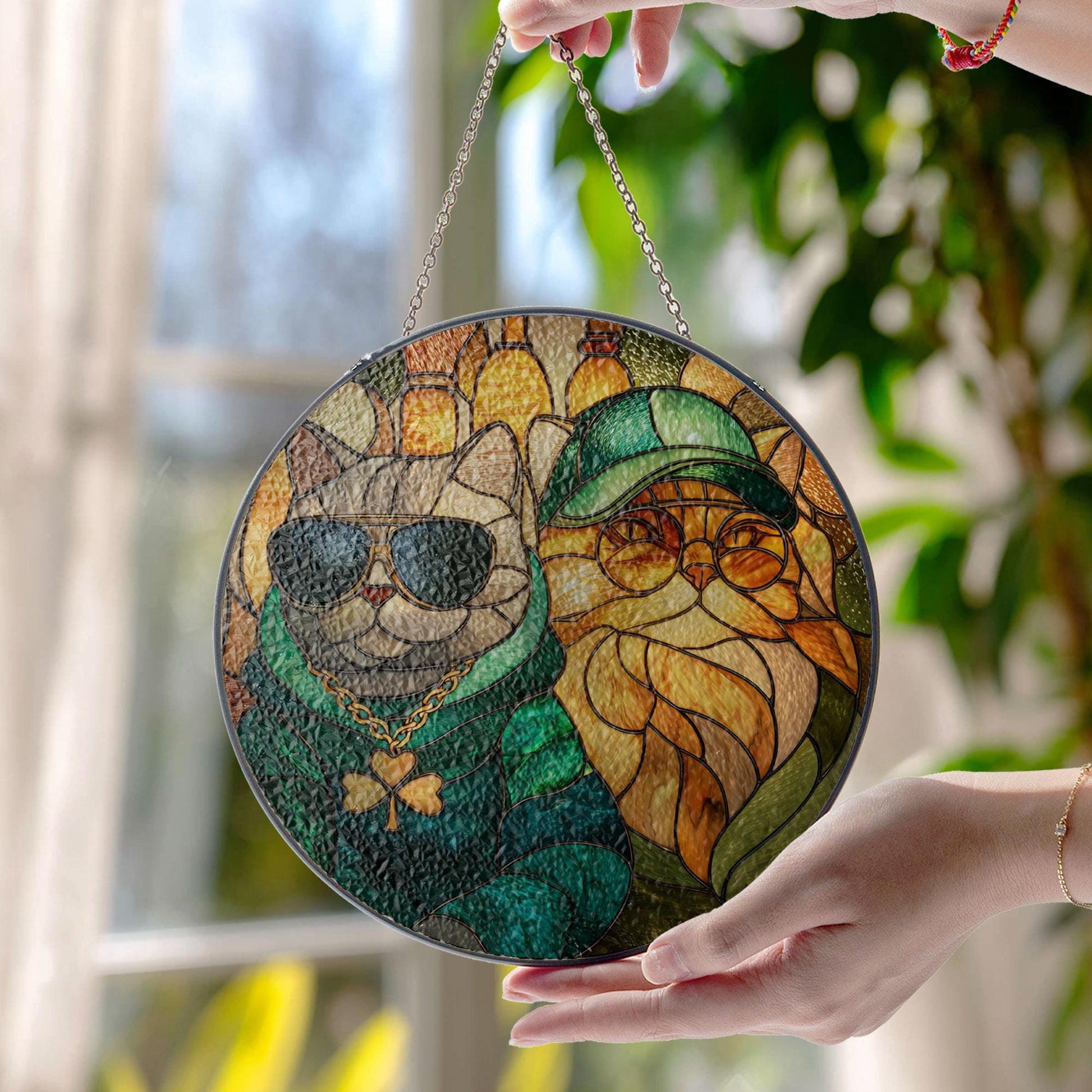 Stained Glass Cat Sun Catcher, Irish Window Decor, St Patrick Day Art, Cat Lover Gift