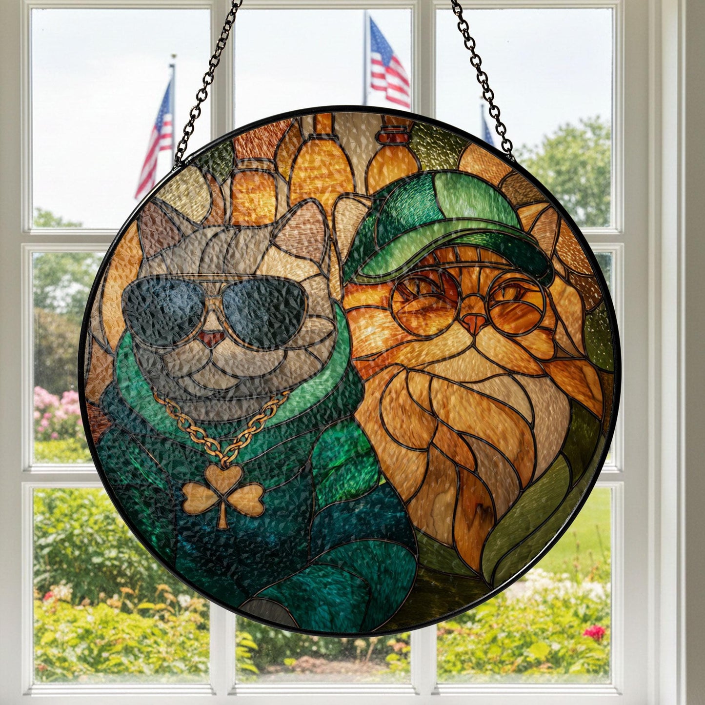 Stained Glass Cat Sun Catcher, Irish Window Decor, St Patrick Day Art, Cat Lover Gift