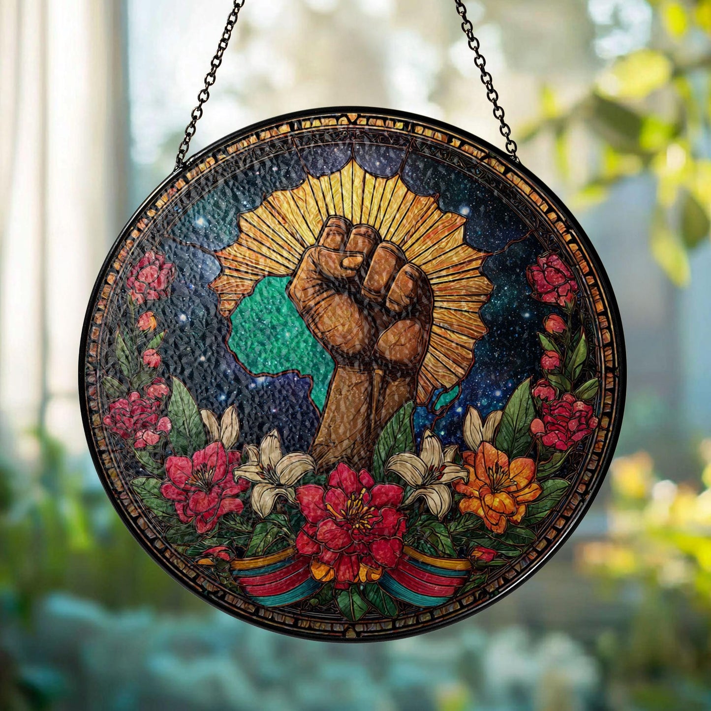 Black History Pride Stained Glass Suncatcher, Raised Fist Africa Art Decor