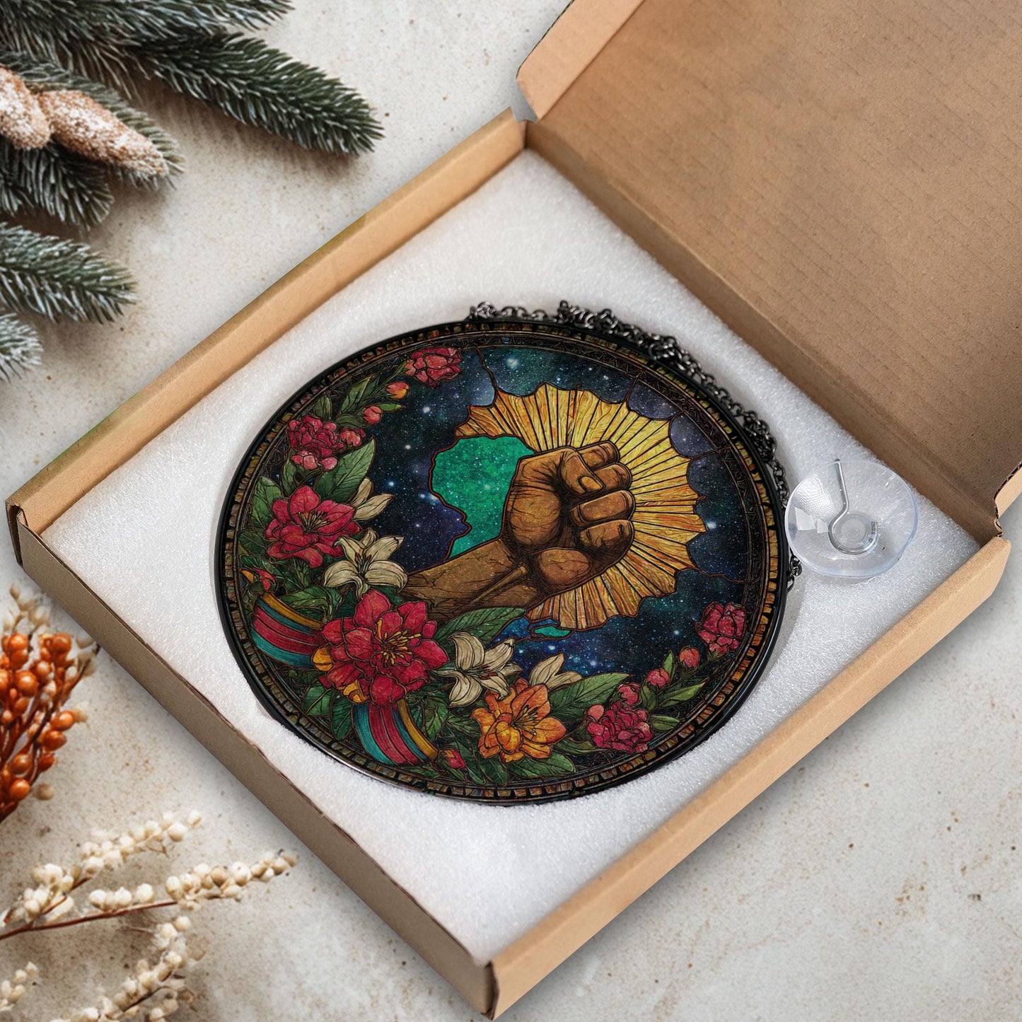 Black History Pride Stained Glass Suncatcher, Raised Fist Africa Art Decor