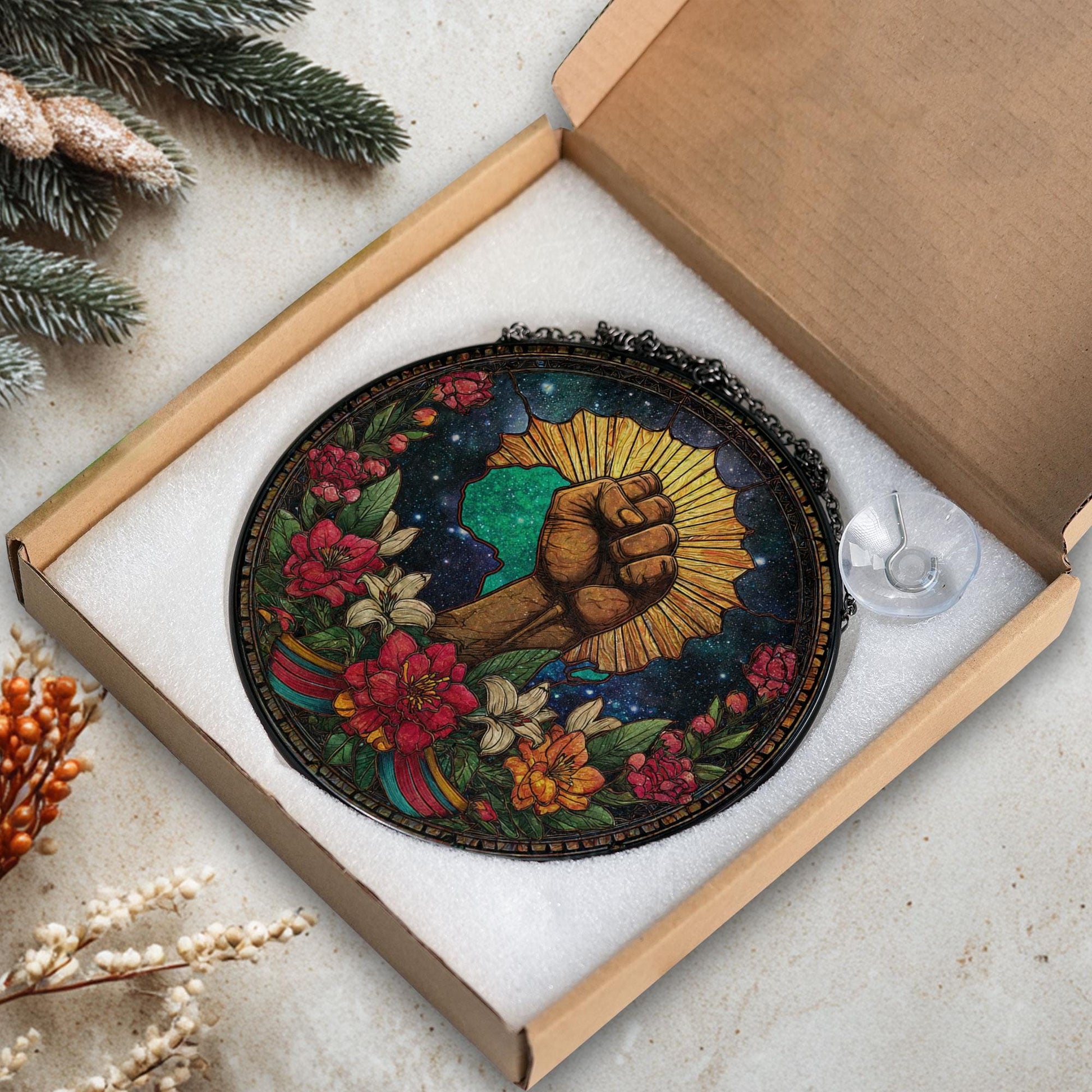 Black History Pride Stained Glass Suncatcher, Raised Fist Africa Art Decor