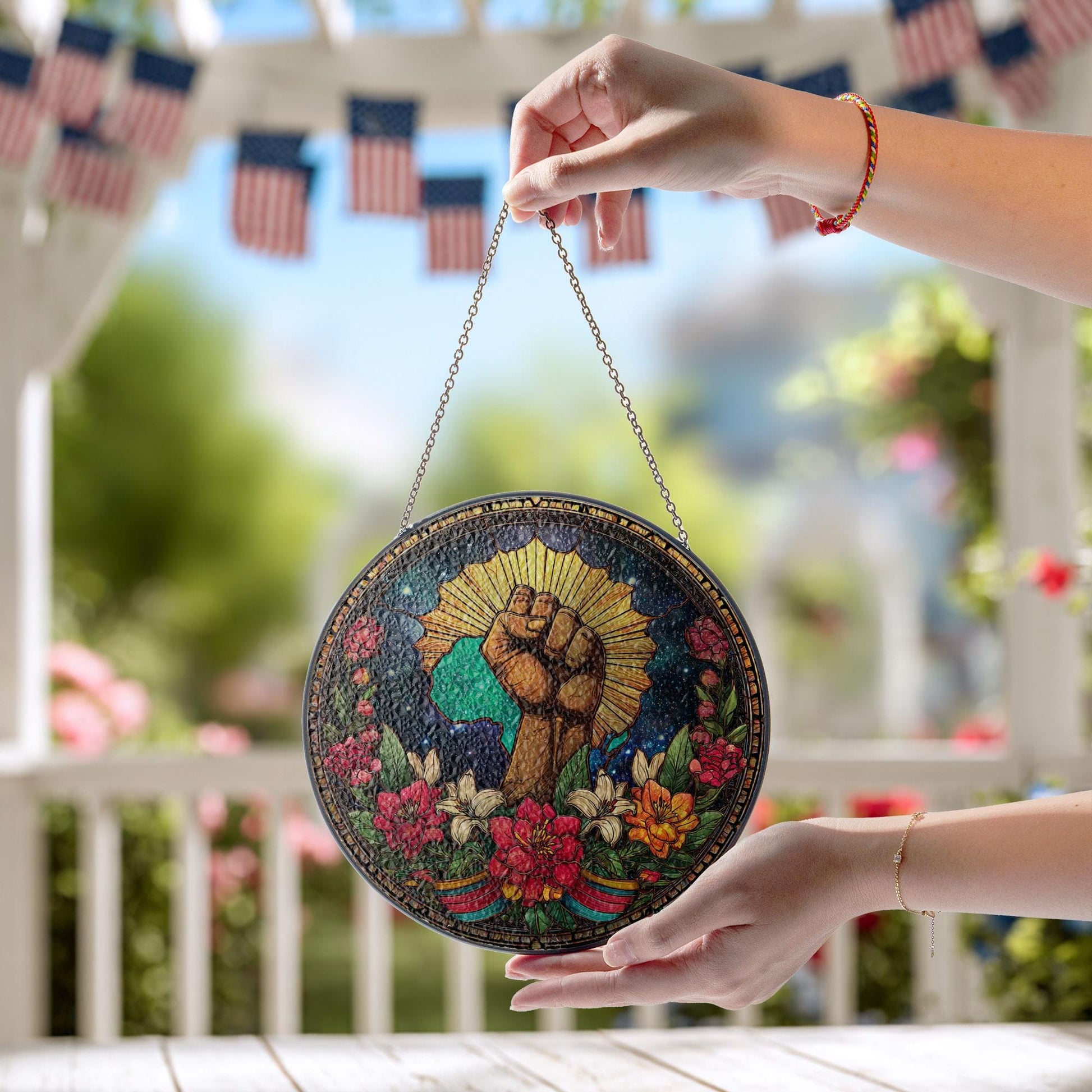 Black History Pride Stained Glass Suncatcher, Raised Fist Africa Art Decor