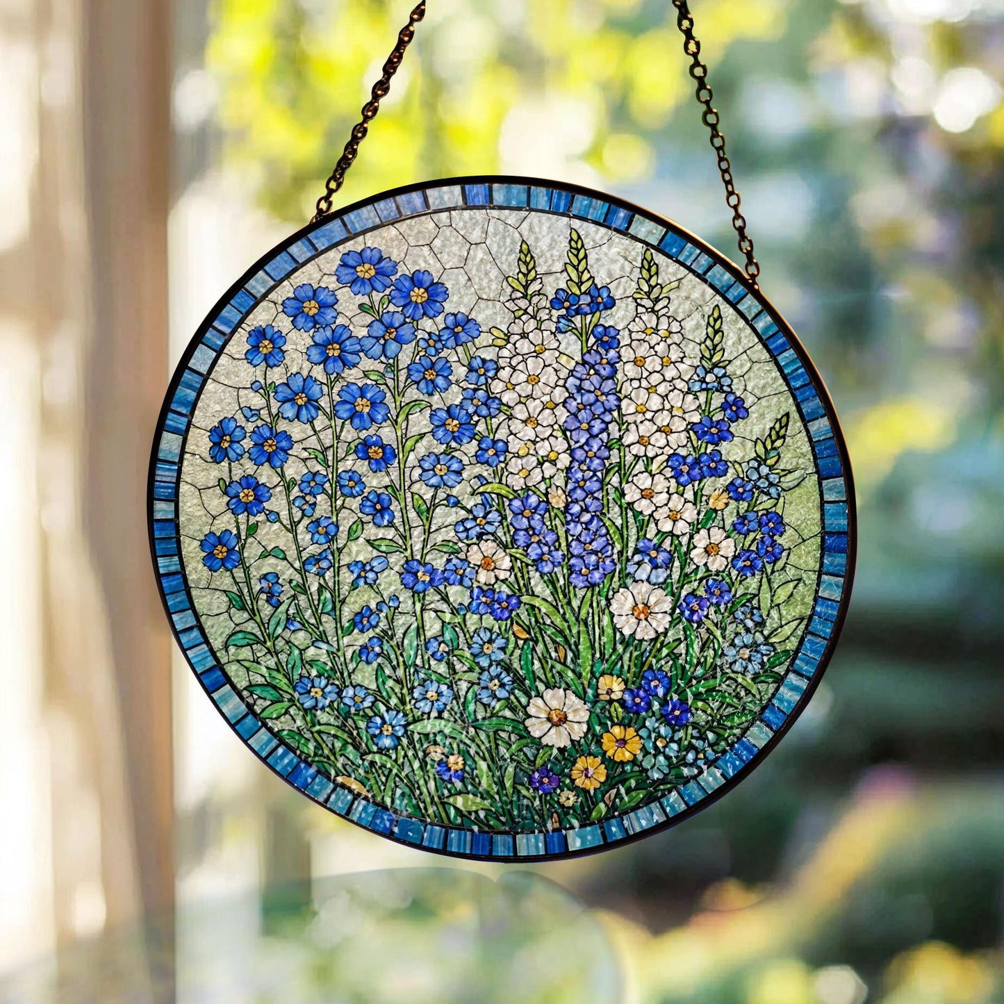 Stained Glass Floral Sun Catcher, Blue Wildflower Round Panel Decor
