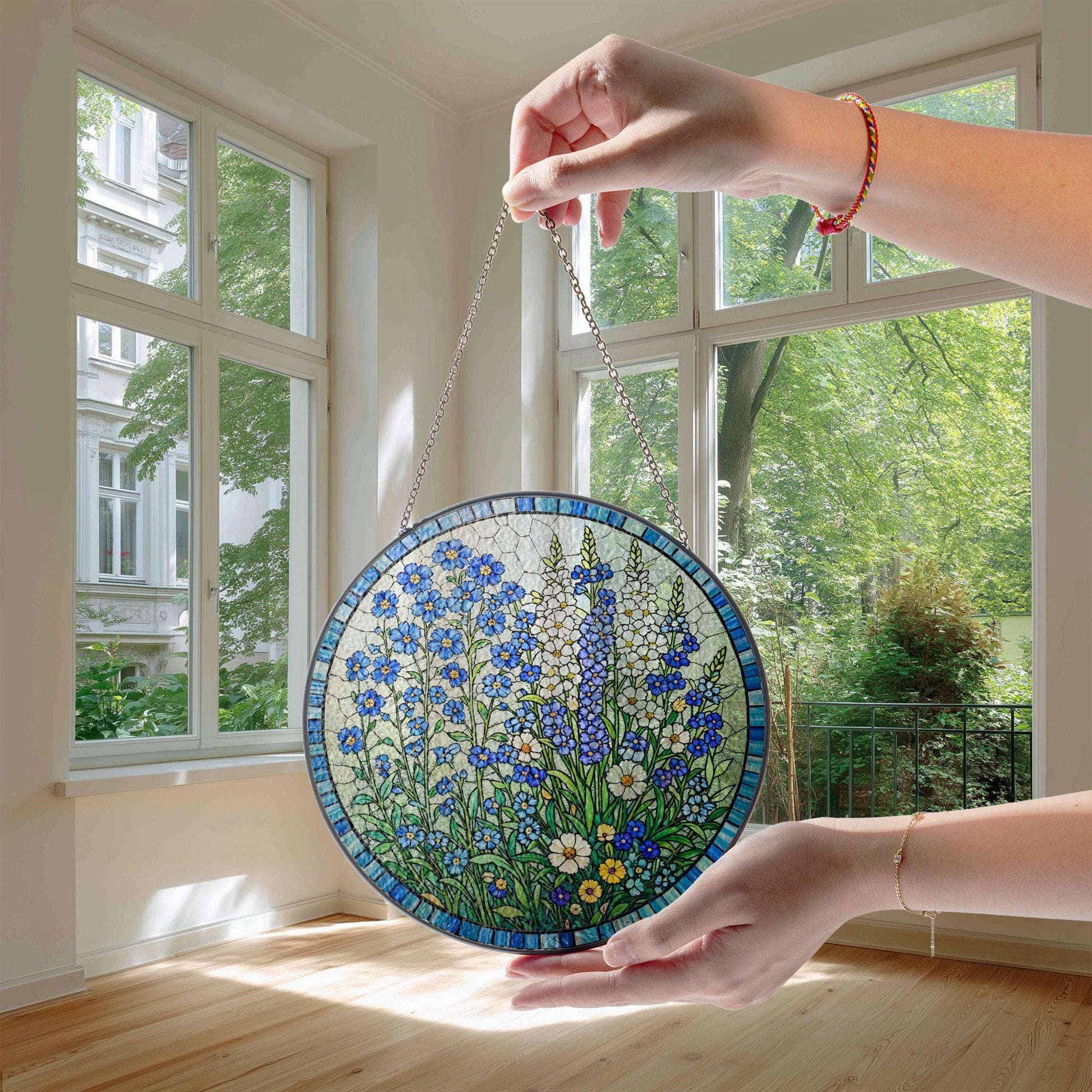 Stained Glass Floral Sun Catcher, Blue Wildflower Round Panel Decor