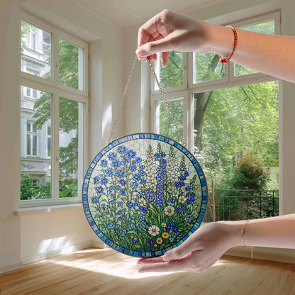Stained Glass Floral Sun Catcher, Blue Wildflower Round Panel Decor