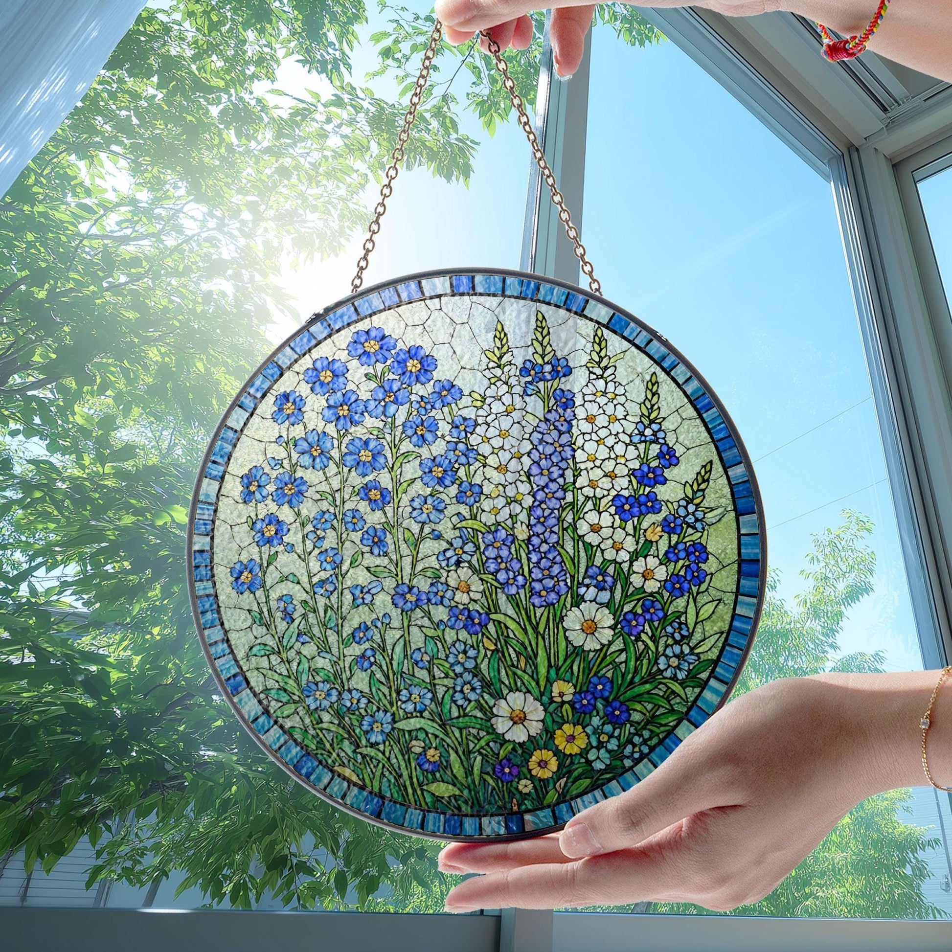 Stained Glass Floral Sun Catcher, Blue Wildflower Round Panel Decor